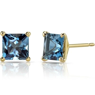 Aretes de topacio azul Londres corte princesa de 2,54 quilates en oro amarillo de 14 k Foto 1 de 3