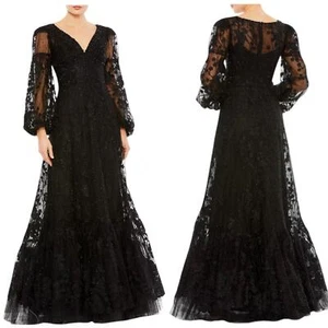Mac Duggal Puff Sleeve A Line Embroidered Gown Size 14 Black Formal 20430 NEW - Picture 1 of 18