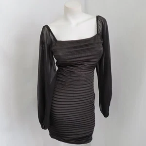O Flux Dress Womens M Black Satin Pleated Long Sleeve Coquette Cocktail Wedding - Picture 1 of 23