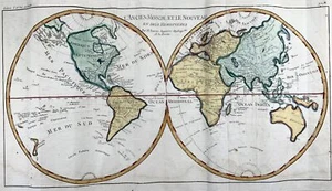 1780 Bonne, double hemisphere world map, hand coloured - Picture 1 of 2