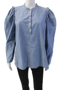 J Crew Womens Cotton Denim Ruffled Accent Long Sleeve Blouse Blue Size XL - Picture 1 of 5