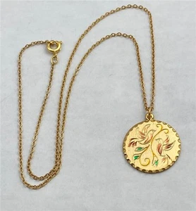 Vintage Kelly Waters Gold Tone Engraved Birds Round Pendant Necklace 18" Long - Picture 1 of 4