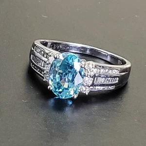 Natural Oval Blue Zircon Round & Baguette Diamond Ring 14k White Gold 3.50Ctw - Picture 1 of 8