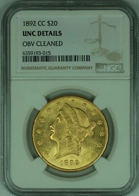 Liberty Head 1892-CC $20 Double Eagle NGC UNC Detalles + Foto 1 de 2