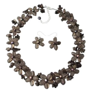 Smokey Quartz Daisy Garland Floral Necklace-Earrings .925 Silver Set - Picture 1 of 3