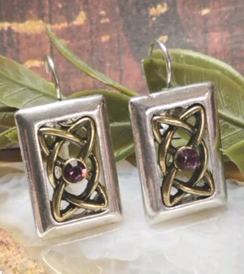 Pendientes firmados SOLVAR nudo celta rectangulares de 1 1/8" ¡con gemas facetadas moradas! Foto 1 de 4