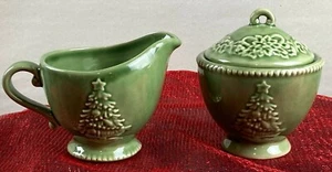 Cracker Barrel, Peace on Earth, ceramic, sugar dish and creamer in green - Picture 1 of 9