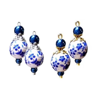 Earrings blue and white, Porcelain petite drop choose clip on or pierced - Picture 1 of 4
