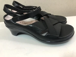 Aravon Black Leather Sandals Elastic Ankle Strap Heel Women's Size 7 B - Picture 1 of 11