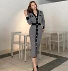 Women's Chic Houndstooth V Neck Long Sleeves Hip Package Knitted Midi Dress d