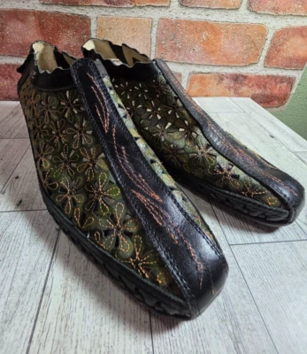 Pikolinos Puerto Vallarta Cut Out Perforated Leather Flats Green Black 8.5 Eu 39 - Image 1 of 4