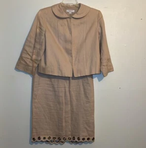 Isaac Mizrahi 100% Linen Skirt Suit, Tan, w/ Brass Details, size 12 top, 8 skirt - Picture 1 of 16
