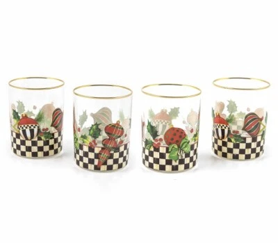 MACKENZIE-CHILDS Set Of 4 MacKenzie Childs Glasses Deck the Halls Tumblers 4” Christmas