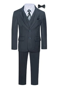 Magen Boys FORMAL SLIM FIT charcoal suit 7 pc set coat,vest,pant,shirt,clip tie - Picture 1 of 9