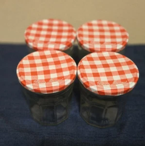 Lot of 4 -  Empty  Bonne Maman 13oz Glass Jam\Jars Decagon Red Gingham Lids - Picture 1 of 2