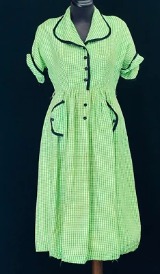 Vestido vintage años 40 verde gingham, negro ribete camisa cuello manga corta L XL Foto 1 de 4