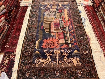 220 X 120 COLLECTORS' ITEM Vintage Stunning Pictorial Shikargah Deer Hunting Rug - Image 1 of 4