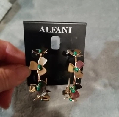 Alfani Gold-Tone Clover Green Stone C-Hoop Earrings - Image 1 of 4