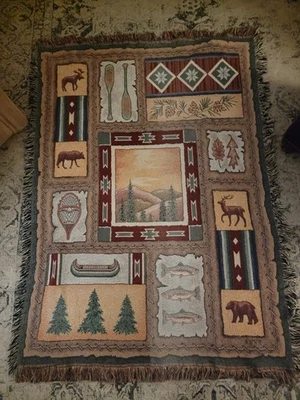 Tapestry Throw Blanket Cabin Wilderness Woods Forest Adirondack Camp Moose Bear - Image 1 of 4