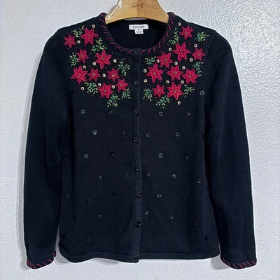 Vintage Hampshire Studio Floral Beaded Cardigan Black Red Embroidered Sweater M - Image 1 of 4