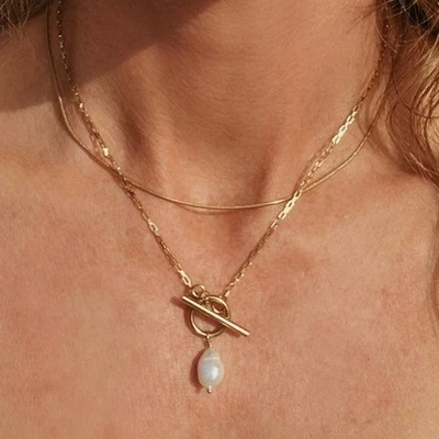 Baroque Pearl Pendant Necklace Gold Toggle Clasp Waterproof Non Tarnish Necklace - Image 1 of 4