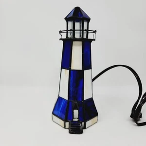 Stained Glass Nautical Lighthouse Accent Lamp Blue White - Picture 1 of 12