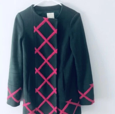 Anthropologie Elevenses Green & Hot Pink Embroidered Military Dress Coat 8 M - Image 1 of 4