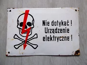 Vintage Enamel Electrical Warning Sign - Polish - Don't touch electrical device - Picture 1 of 2