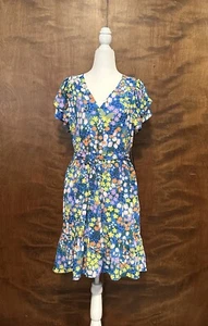Maggy London Flatterärmel Rüschenkleid Damen 10 blau Blumen Gürtel gefüttert Neu mit Etikett - Bild 1 von 20