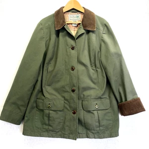 LL Bean Jacket Womens Large Green Chore Coat Vtg Flannel Lined Corduroy Collar - Picture 1 of 13
