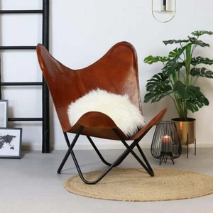 Classy Brown living room Chair Goat Leather Butterfly Chair with Iron Frame - Picture 1 of 7