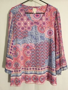 Chicos-White Blue Peach Pink Paisley Long Wide Sleeve Knit Vneck Top Tunic-3 XL - Picture 1 of 5