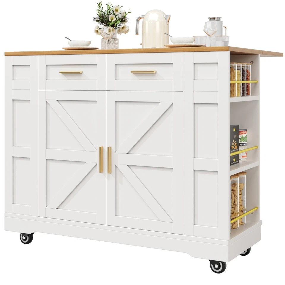 ROLLING KITCHEN ISLAND WITH DROP LEAF TOP, 2 STORAGE DRAWERS & SPICE RACK, WHITE - Image 1 of 4