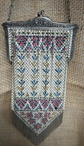 Antiguo Monedero Art Deco Mandalian Esmalte Malla Aleta con Flores Rosas/Azules 1920 - Imagen 1 de 6