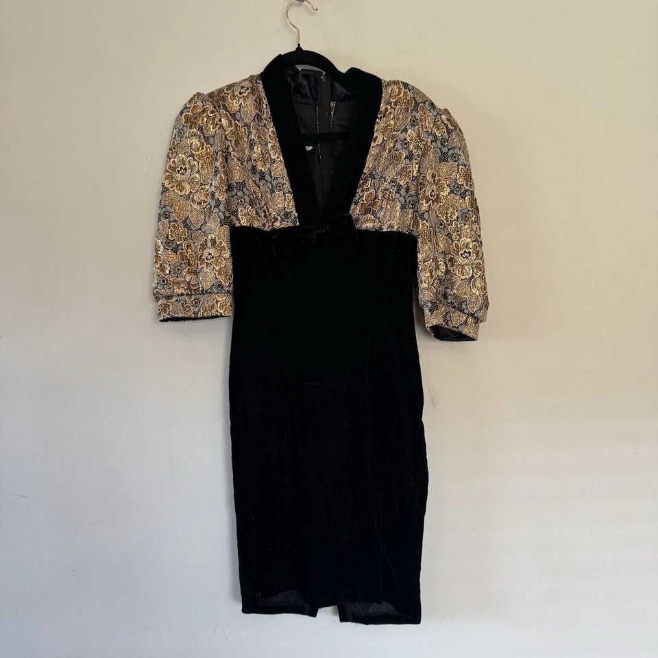 Vestido de Fiesta Jacquard Dorado Terciopelo Negro Años 80 JESSICA MCCLINTOCK Fiesta Bling Foto 1 de 4