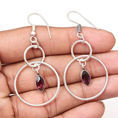 Amethyst Quartz Gemstone Handmade Silver Jewelry Earrings 1.5'' - Image 1 of 4