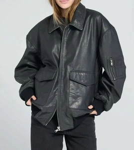 Women's Oversized Bomber Leather Jacket Black Vintage Style Classic Jacket - Picture 1 of 9