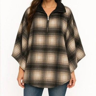 BLANKNYC Chaqueta Poncho a Cuadros Cremallera Parcial Cuello de Cuero Sintético Negro Tostado Talla Única  Foto 1 de 4