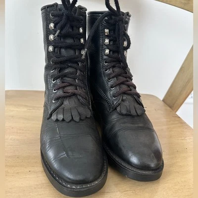 Vtg Harley Davidson Combat Roper Western Fringe Toe Lace Up Kiltie Boots sz 7.5 - Image 1 of 4