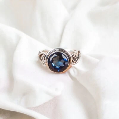Anillo de piedras preciosas naturales de topacio azul de Londres para mujer regalo de plata de ley 925 Foto 1 de 4