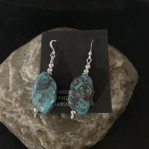 Native Blue Turquoise Nugget Sterling Silver Beads Navajo Earrings 1" 12891 - Picture 1 of 12