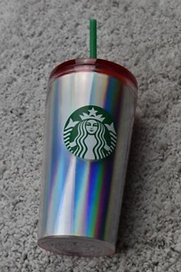 2020 Starbucks 16 Oz iridescent foil red lid tumbler green straw - Picture 1 of 5