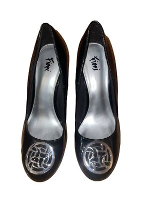 Fioni Black Patent Leather Slip On Medallion Wedge Heels Shoes Women's Size 9W - Image 1 of 4