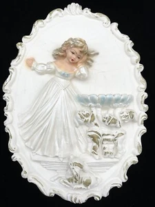 VTG Chalkware Wall Plaque Pearlized Girl Elves Pixies Gnomes & Fawn Deer Nursery - Picture 1 of 7