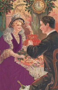 Happy New Year Couple Champagne Midnight Victorian Postcard Embossed Silk Color - Picture 1 of 2