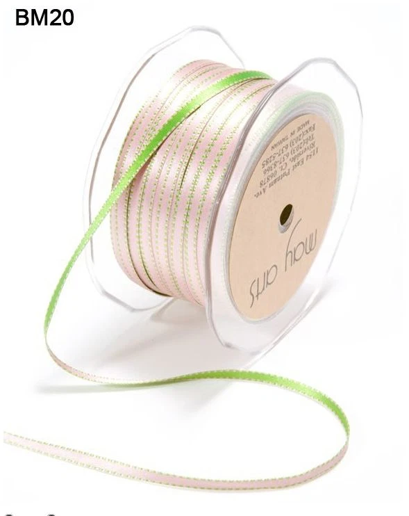 3/16 Inch Satin Reversible Stitched Edge – Pink/Green - BM20 - 10 Yards - Image 1 of 1