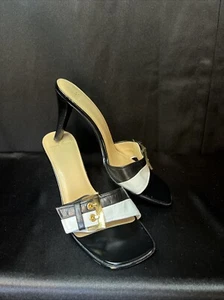 VTG 90s Chic ANNE KLEIN AK2 Black/White Leather Buckle Mule Stack Heels 7.5M - Picture 1 of 6
