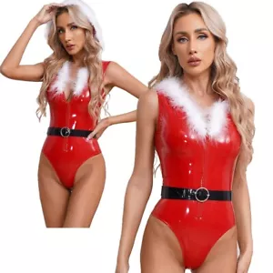 Womens Santa Claus Bodysuit Hooded Xmas Costume Feather Trim Sexy Clubwear - Picture 1 of 29