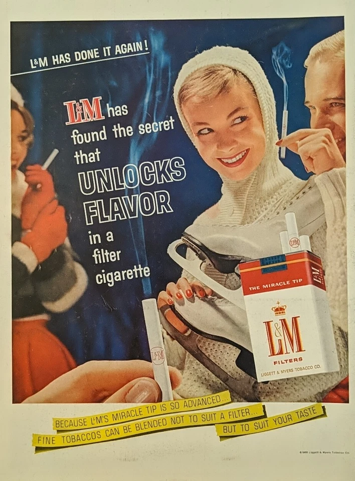 Anuncio impreso vintage de cigarrillos L&M 1960. L&M Desbloquea Sabor Dama Patinaje sobre Hielo  Foto 1 de 1