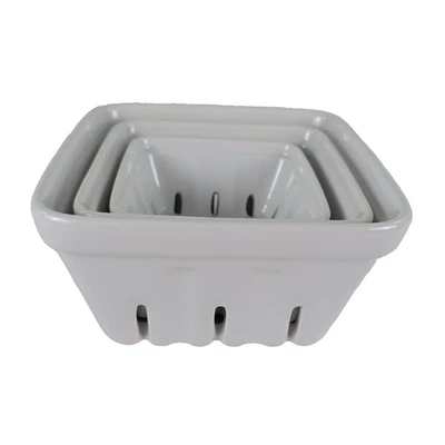 Set 3 Crate & Barrel Berry Box White Ceramic Basket Colander Farmer's Market - Image 1 of 4